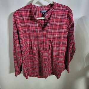 Land’s End Red Plaid Half Button Blouse Women's 16 Petite w Roll Tab Sleeve